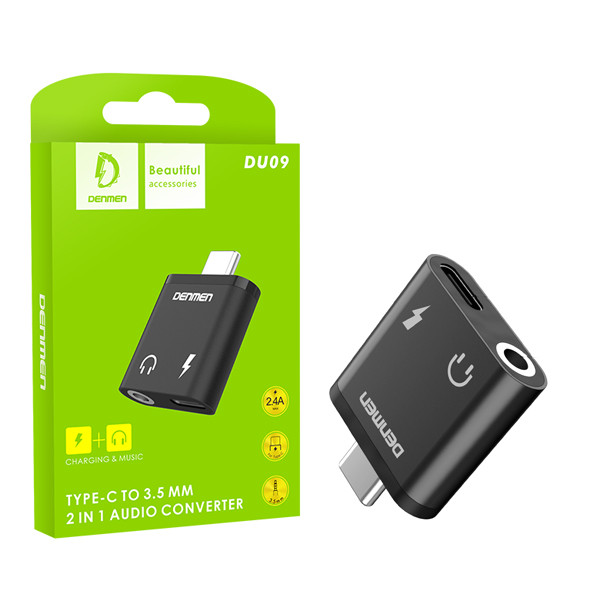 adapter hf typ-c denmen czarny audio jack + zasilanie du09