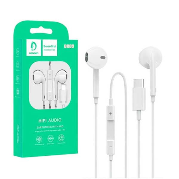 słuchawki uniwersalne denmen typ-c usb-c białe douszne dr09 new chip digital audio
