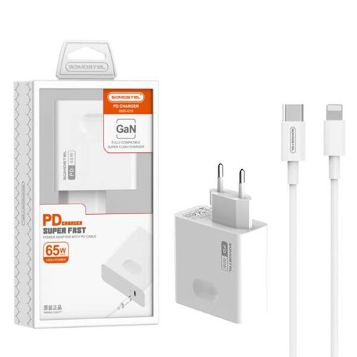 somostel ładowarka sieciowa gan typ-c + kabel typ-c - lightning 65w 1m power delivery pd biały gan sms-q15