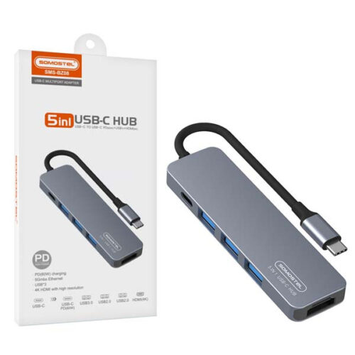 somostel adapter host 3xusb+typ-c+hdmi + kabel typ-c - typ-c 60w srebrny sms-bz08