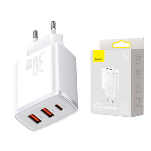 ładowarka sieciowa baseus compact quick charger, 2xusb, usb-c, pd, 3a, 30w (biała)
