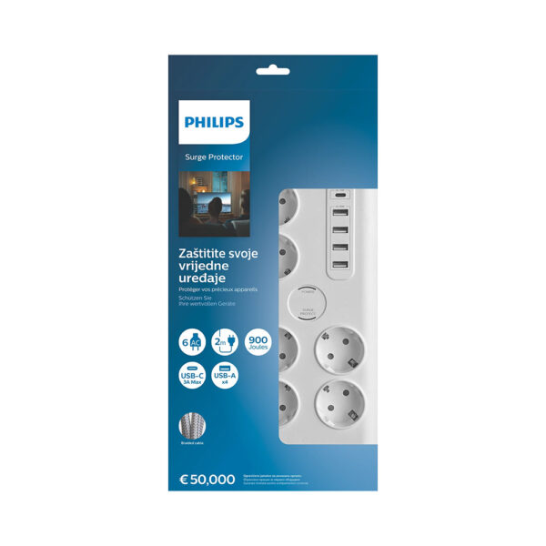 przedłużacz sieciowy philips listwa zasilająca biała 6 gniazda schuko + 5 usb 2m spn7060wa/58