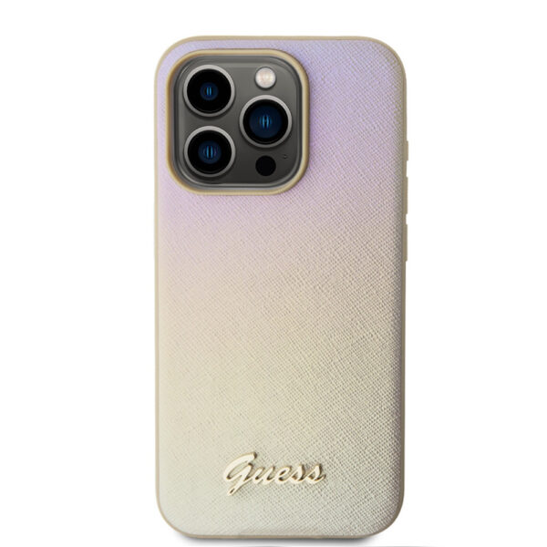 guess pu leather iridescent metal script case do iphone 15 pro złoty