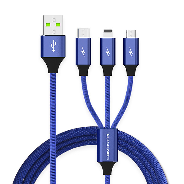 kabel usb 3w1 3.4a somostel niebieski 3400mah quick charger qc 3.0 1,2m powerline sms-bw03