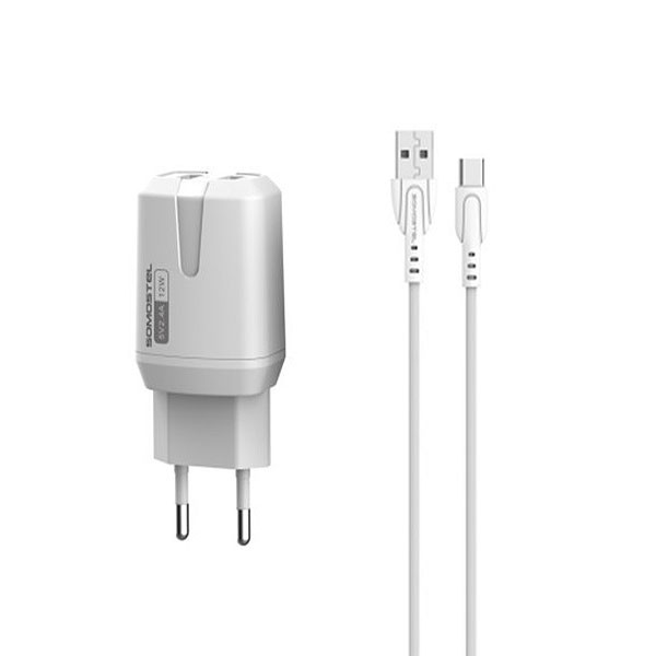 somostel ładowarka sieciowa 2xusb + kabel usb - typ-c 2.4a 12w 1m biały sms-a139
