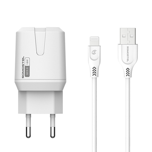 somostel ładowarka sieciowa usb + kabel usb - lightning 3a 18w 1m quick charge qc3.0 biały sms-q02