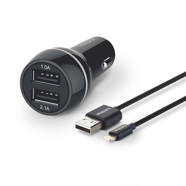 ładowarka samochodowa 2a+1a czarna philips + kabel iphone mfi 3100ma 2xusb dual 15.5w quick charge phil-dlp2357v/10