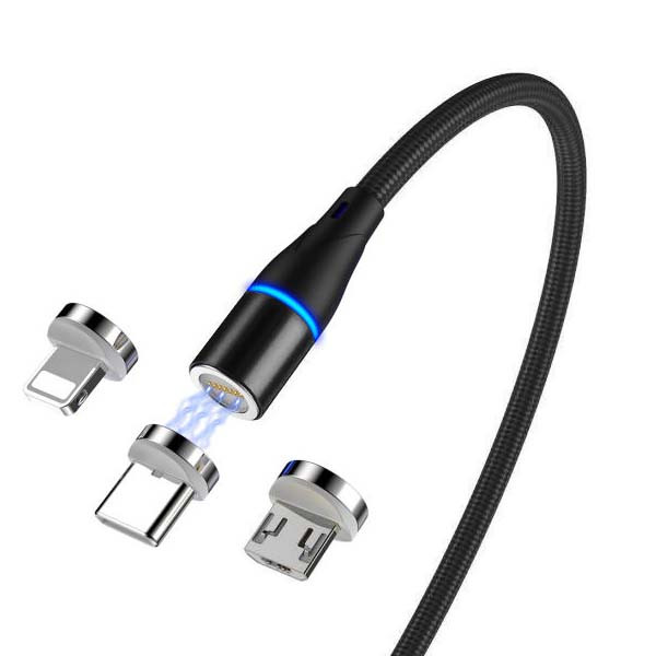 ecobox kabel usb 3w1 magnetyczny 3a 360 czarny szybkie ładowanie + transfer danych micro typ-c iphone