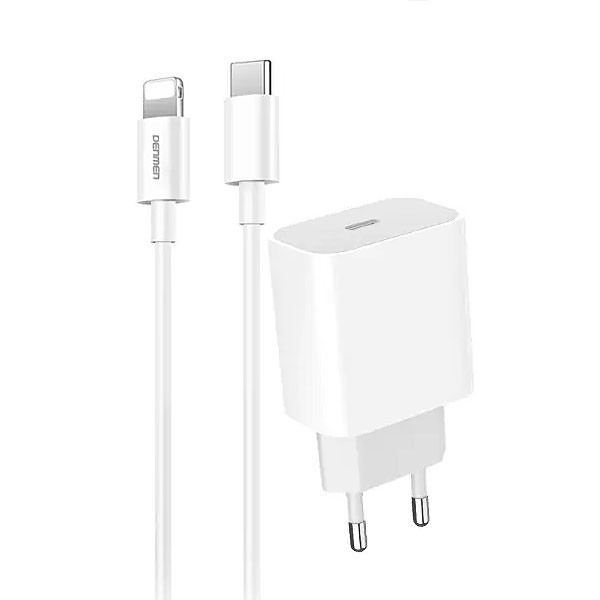 denmen ładowarka sieciowa dc06 typ-c + kabel typ-c - lightning 3.6a 20w 1m power delivery pd biały dc06l