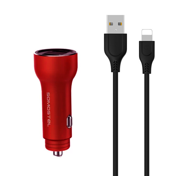 somostel ładowarka samochodowa 2xusb + kabel usb - lightning 5a 1m quick charge qc3.0 czerwony aluminium sms-a89