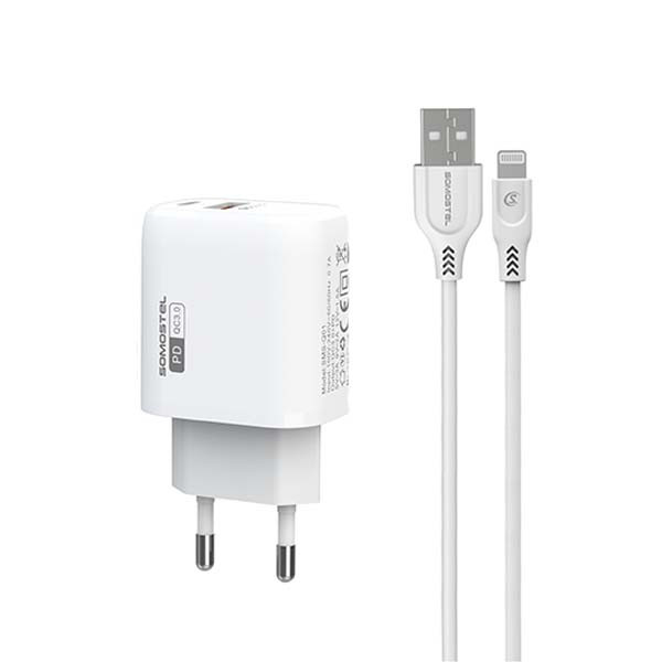 somostel ładowarka sieciowa usb+typ-c + kabel typ-c - lightning 3a 18w 1m power delivery pd+qc3.0 biały sms-q01