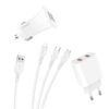 ładowarka sieciowa 2.4a + kabel usb 3w1 + ładowarka samochodowa 3,1a biała trusty tr-ch01