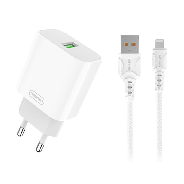denmen ładowarka sieciowa do iphone usb + kabel usb - typ-c 3.6a 18w 1m quick charge qc3.0 biały