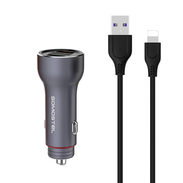 somostel ładowarka samochodowa 2xusb + kabel usb - lightning 5a 1m quick charge qc3.0 srebrny aluminium sms-a89