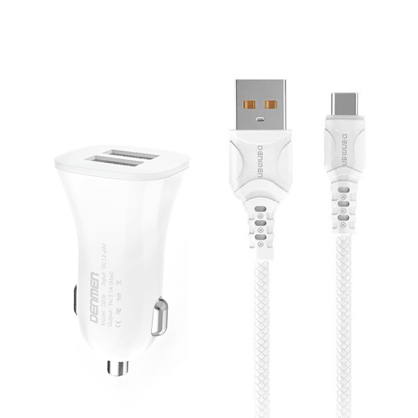 ładowarka samochodowa 3a + kabel typ-c biała denmen 3100ma dual fast charging 2xusb dz06t 15w