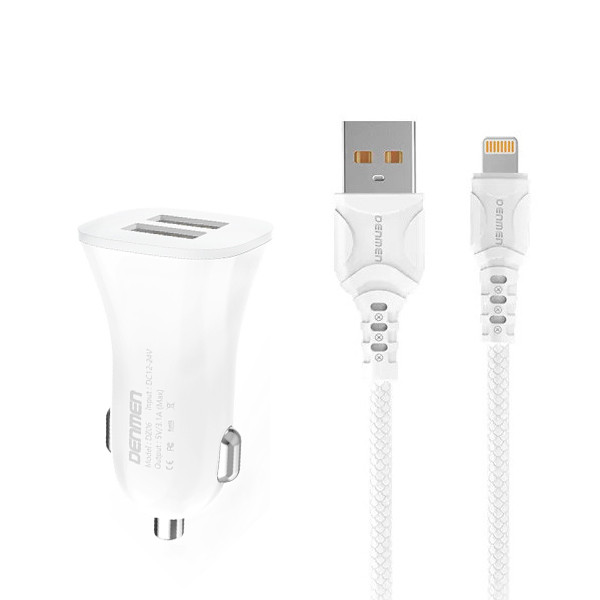denmen ładowarka samochodowa 2xusb + kabel usb - lightning 3.1a 15w 1m qc3.0 biały dz06lb