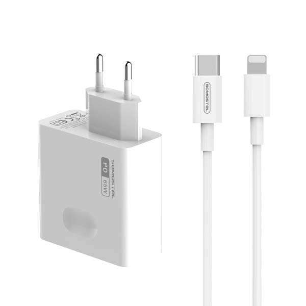 somostel ładowarka sieciowa gan typ-c + kabel typ-c - lightning 65w 1m power delivery pd biały gan sms-q15