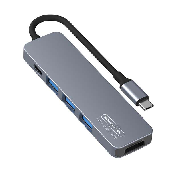 somostel adapter host 3xusb+typ-c+hdmi + kabel typ-c - typ-c 60w srebrny sms-bz08