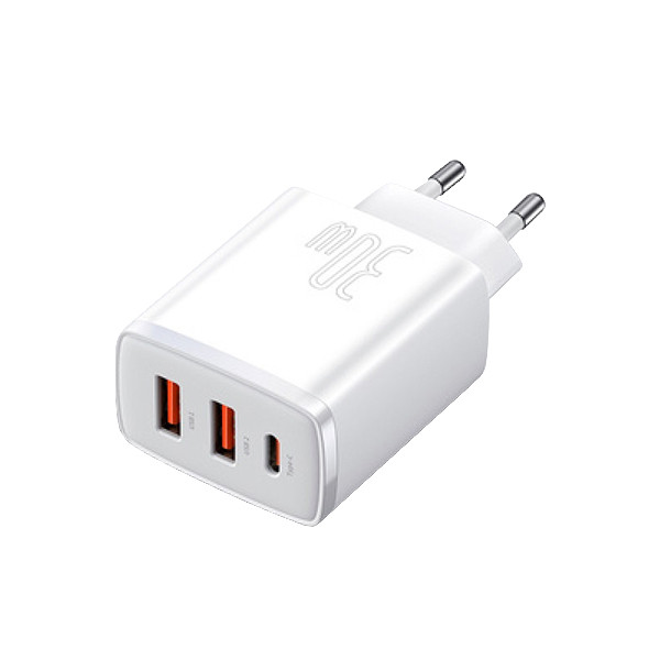 ładowarka sieciowa baseus compact quick charger, 2xusb, usb-c, pd, 3a, 30w (biała)