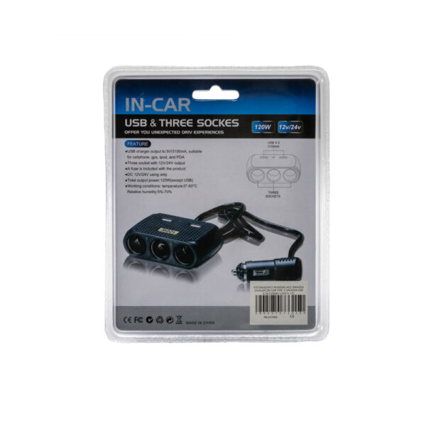 ecobox rozgałęziacz rozdzielacz gniazda zapalniczki car fire 3 gniazda + usb 4.2a czarny 120w