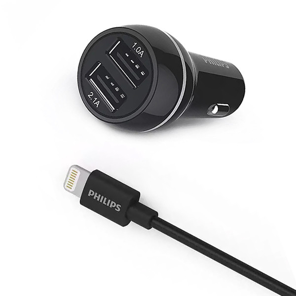 ładowarka samochodowa 2a+1a czarna philips + kabel iphone mfi 3100ma 2xusb dual 15.5w quick charge phil-dlp2357v/10