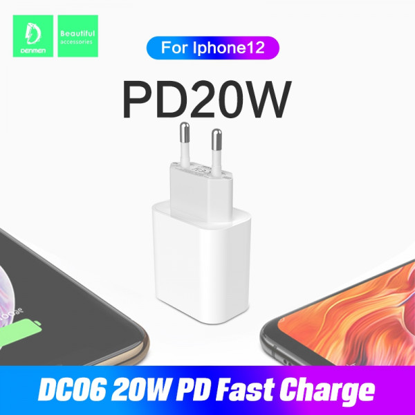 denmen ładowarka sieciowa dc06 typ-c + kabel typ-c - lightning 3.6a 20w 1m power delivery pd biały dc06l