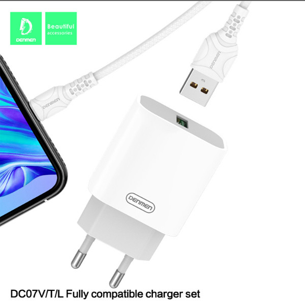 denmen ładowarka sieciowa do iphone usb + kabel usb - typ-c 3.6a 18w 1m quick charge qc3.0 biały