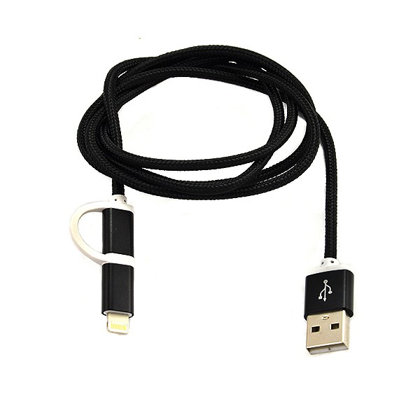 economy kabel usb nylon czarny lightning + micro usb 2w1