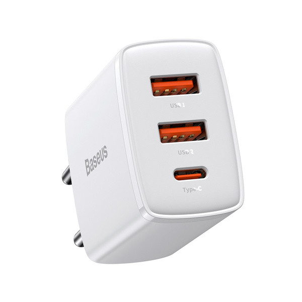 ładowarka sieciowa baseus compact quick charger, 2xusb, usb-c, pd, 3a, 30w (biała)