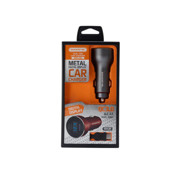 somostel ładowarka samochodowa 2xusb + kabel usb - lightning 5a 1m quick charge qc3.0 szary aluminium sms-a89
