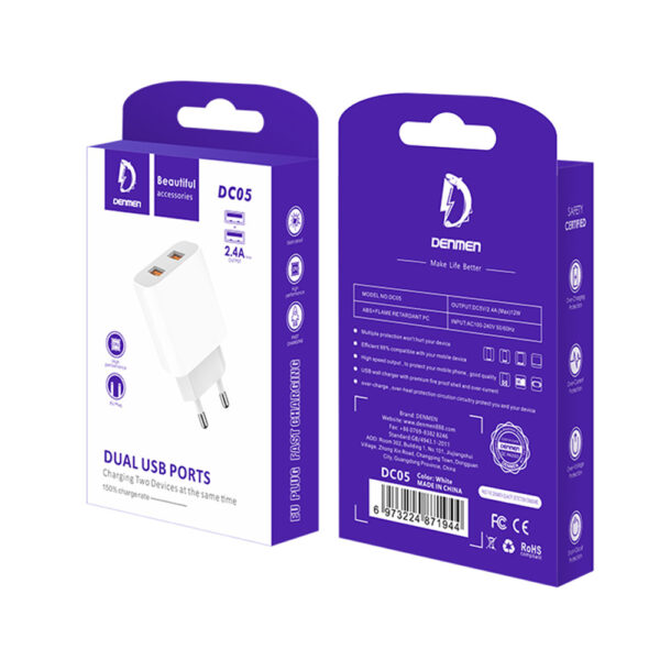 denmen ładowarka sieciowa dc05 2xusb 2.4a 12w biały dc05