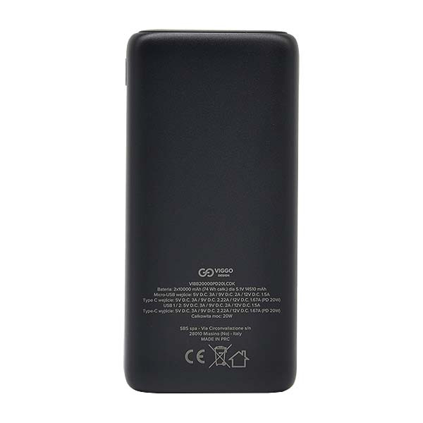 power bank viggo premium 20000 mah usb-c pd 20w lcd czarny