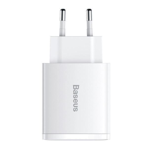 ładowarka sieciowa baseus compact quick charger, 2xusb, usb-c, pd, 3a, 30w (biała)