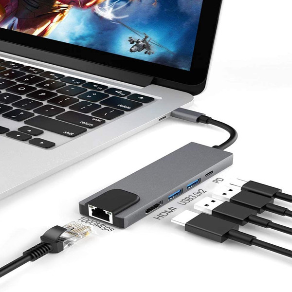 ecobox adapter typ-c rozdzielacz hdmi + typ-c + usb + rj-45 dex