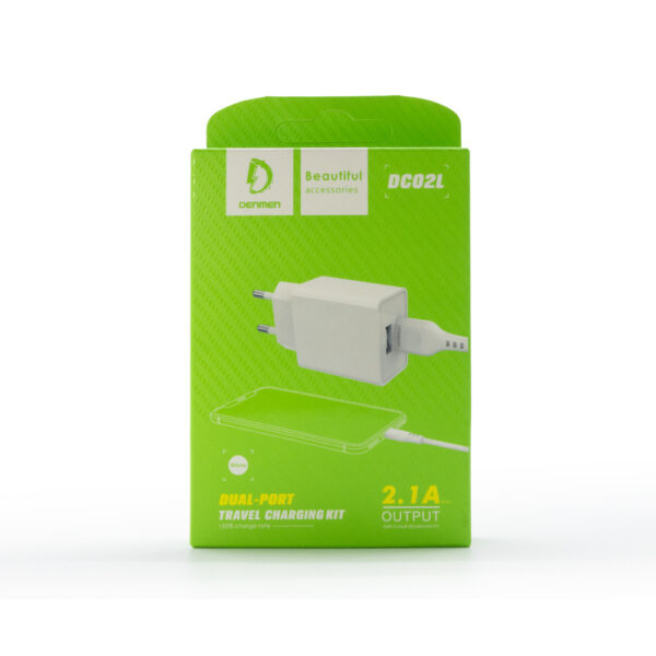 ładowarka sieciowa 2.1a 10w biała denmen 2100ma 2xusb dc02 + kabel iphone white