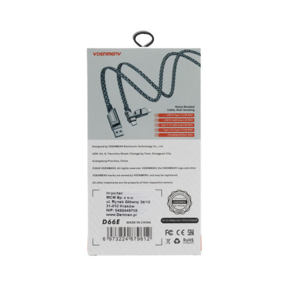 denmen kabel wzmacniany 4w1 czarny 65w d66e