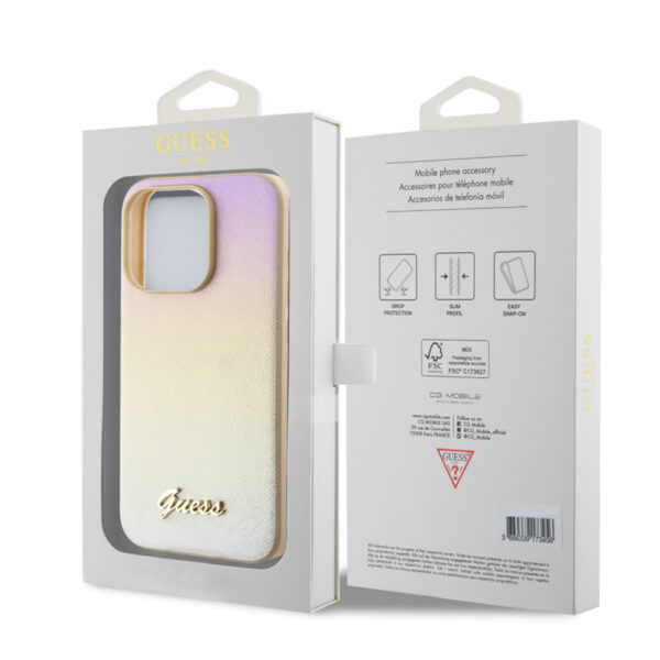 guess pu leather iridescent metal script case do iphone 15 pro złoty