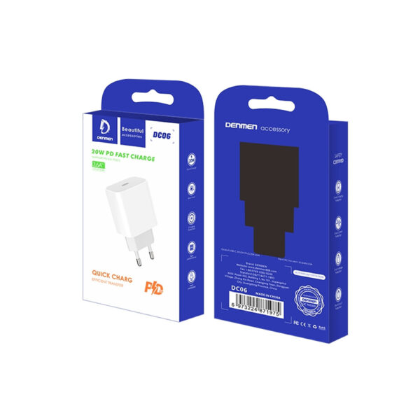 denmen ładowarka sieciowa 3,6a 20w biała denmen + kabel typ-c do typ-c 1m
