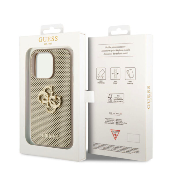 guess pu perforated 4g glitter metal logo case for iphone 15 pro złoty