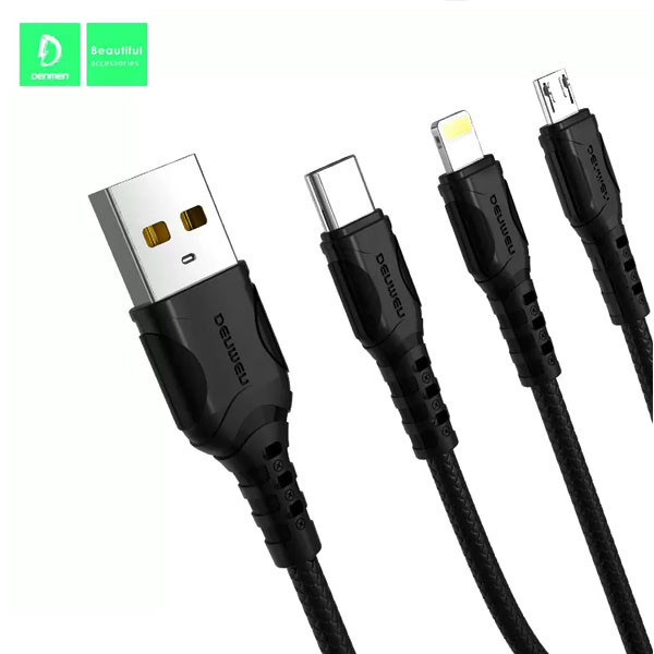 denmen kabel 3w1 usb - typ-c / microusb / lightning 2.4a 1m quick charge qc3.0 czarny