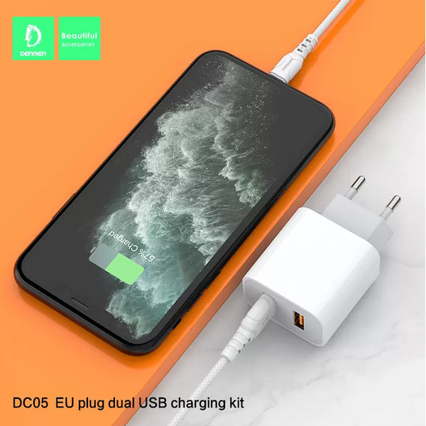 ładowarka sieciowa 2.4a + kabel usb iphone biała denmen 2xusb 2400ma dc05 12w