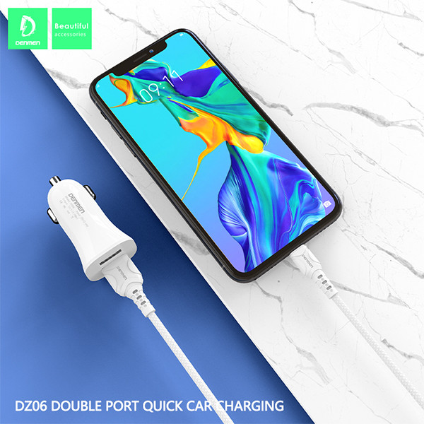 denmen ładowarka samochodowa 2xusb + kabel usb - lightning 3.1a 15w 1m qc3.0 biały dz06lb