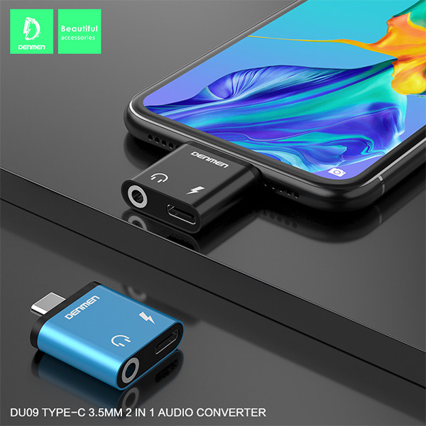 adapter hf typ-c denmen czarny audio jack + zasilanie du09
