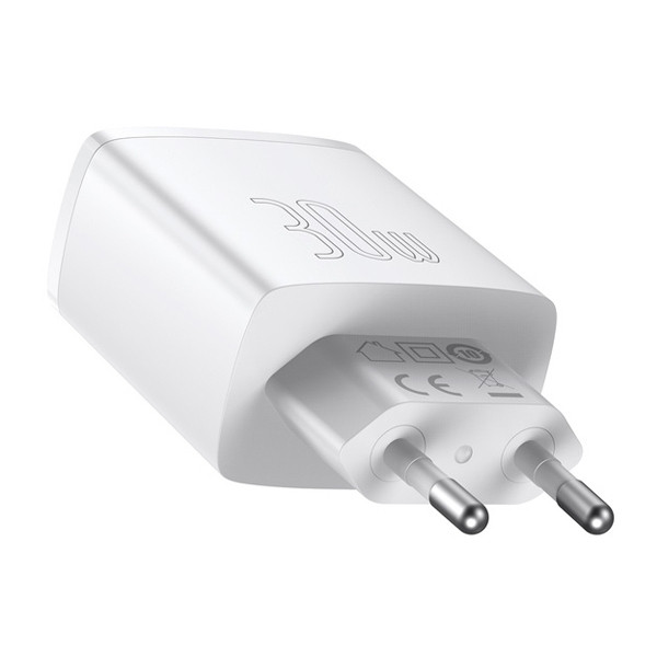 ładowarka sieciowa baseus compact quick charger, 2xusb, usb-c, pd, 3a, 30w (biała)