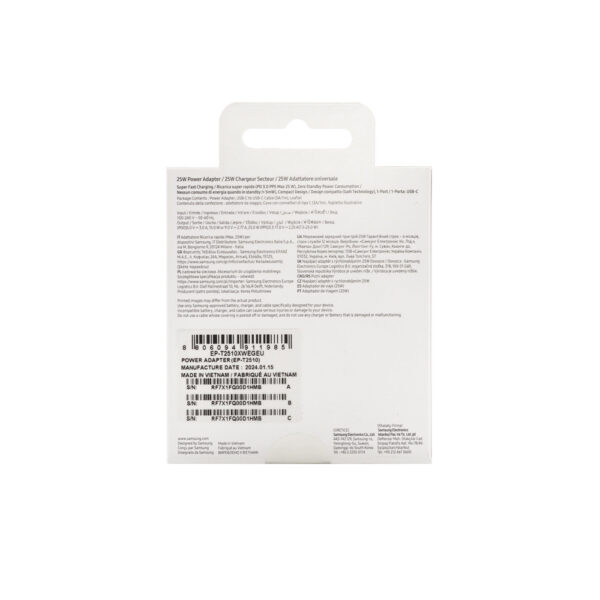samsung ładowarka sieciowa typ-c pd gan ep-t2510xbe 25w biały 3a + kabel typ-c typ-c pd