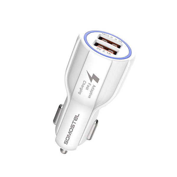 somostel ładowarka samochodowa 2xusb + kabel usb - lightning 3a+2a 3100ma + 2100ma 1m quick charge qc3.0 biały