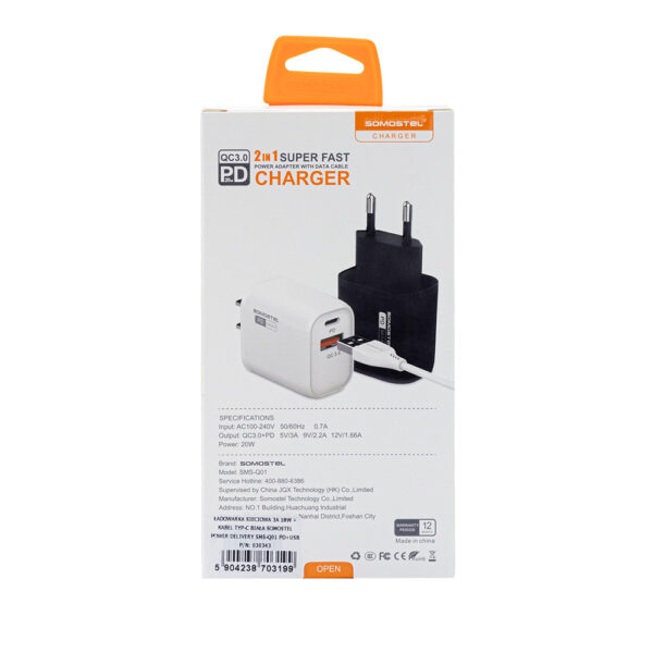 somostel ładowarka sieciowa usb+typ-c + kabel typ-c - usb 3a 20w 1m power delivery pd+qc3.0 biały sms-q01