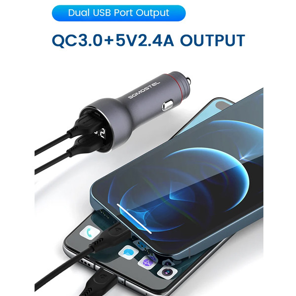 somostel ładowarka samochodowa 2xusb + kabel usb - microusb 5a 1m quick charge qc3.0 czerwony aluminium sms-a89