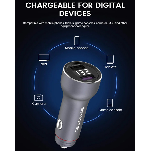 somostel ładowarka samochodowa 2xusb + kabel usb - lightning 5a 1m quick charge qc3.0 srebrny aluminium sms-a89