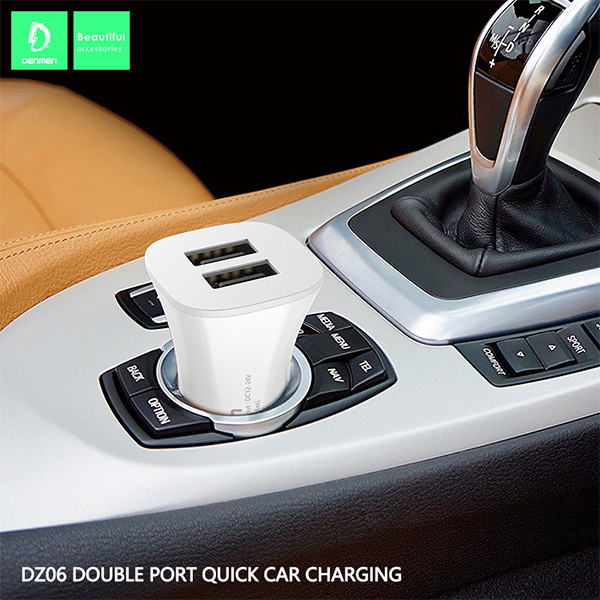 ładowarka samochodowa 3a + kabel typ-c biała denmen 3100ma dual fast charging 2xusb dz06t 15w
